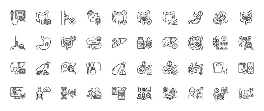 Gastroenterology line icon set. Vector pictograms of stomach, intestine, liver, pancreas, endoscopy, reflux, probiotics, celiac and metabolism, thin linear illustration.