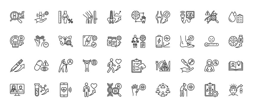 Arthritis and orthopedics line icon set. Vector pictograms of knee, bone, mri, ultrasound, senior, inflammation, physiotherapy, blood, spine, hip, thin linear illustration.