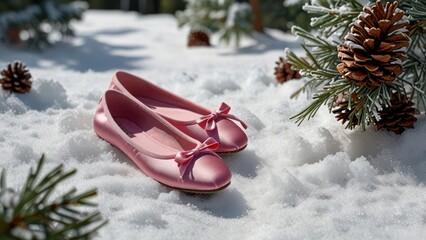 Red Christmas ball ornament on a snow-covered pine branch, perfect winter holiday season decoration
