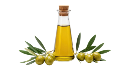 Fresh Olive Oil Bottle with Green Olives and Leaves