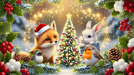 Christmas animals with Santa Fox, bunny, robin, and decorated tree in winter holiday scene