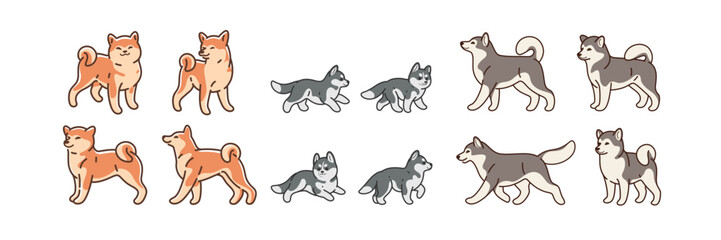 Malamute, Husky, Akita Inu dogs. Cartoon dogs sketch line icon.