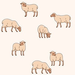 Seamless trendy pattern with style cartoon sheep in various poses. Flat design print in beige color.