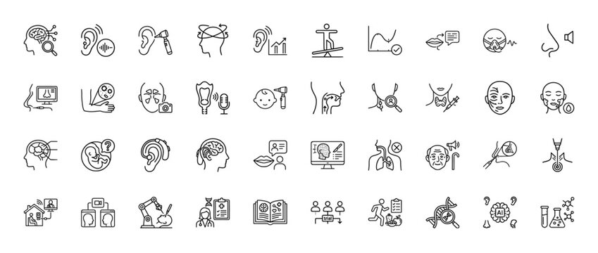 Otolaryngology line icon set. Vector pictograms of hearing, brain, ear, throat, and face, thin linear illustration.