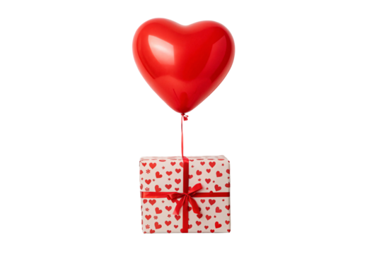 Red heart balloon tied to patterned gift box hearts, isolated on a transparent background - Powered by Adobe
