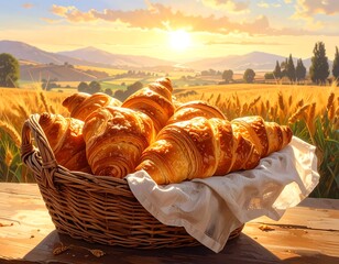Golden sunrise over wheat field with basket full of fresh croissants