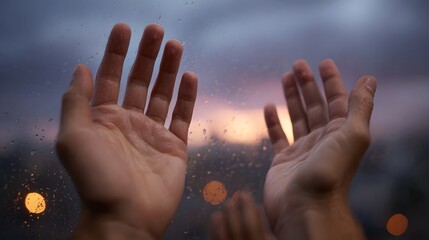Two hands are raised in front of a rain streaked window at dusk with blurred city lights in the background