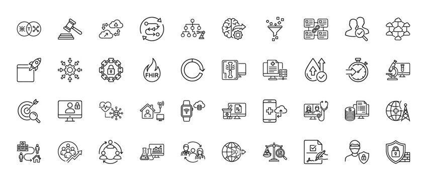 Healthcare and technology line icon set. Vector pictograms of FHIR, data exchange, security, and digital health, thin linear illustration.