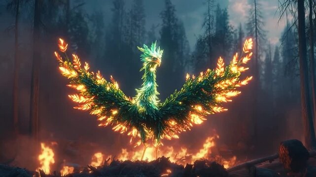 Glowing phoenix made of vibrant plants rises majestically from the ashes in a mystical, enchanted forest setting at sunrise