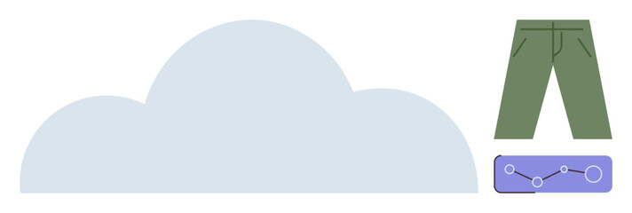 Large cloud silhouette with green pants and a chart on a purple card. Ideal for technology, clothing industry, analytics, innovation, cloud connectivity, data-driven fashion, modern concepts. A