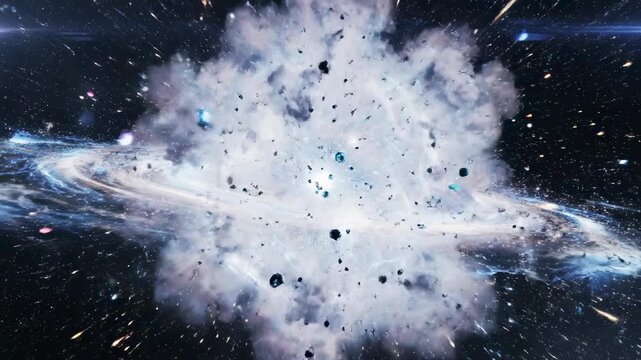 Highly cinematic visualization of a massive bright white quantum core erupting outward with streams of light and subatomic particles expansion, abstract motion, technology