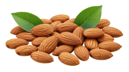Pile of Fresh Almonds with Green Leaves Isolated