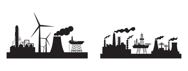 Energy Industry Silhouette, Power Plants, Oil Rigs and Renewable Infrastructure.