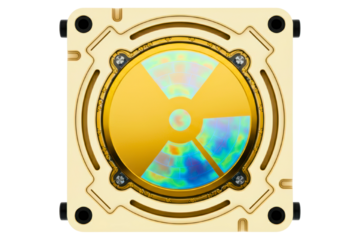 Gold computer liquid cooling block with iridescent internal design isolated on a transparent background