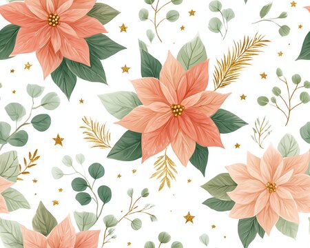 Seamless poinsettia blooms and eucalyptus sprigs, soft blush and sage watercolor tones, sprinkled gold ink stars, airy repeat on white for festive textiles