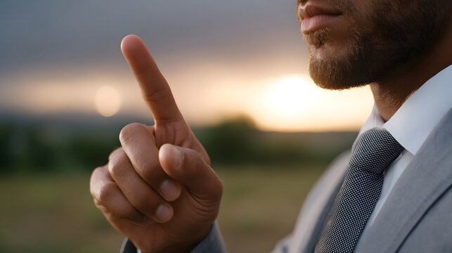 A confident businessman makes a cautionary gesture during a golden hour sunset