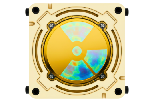 Gold computer liquid cooling block with iridescent internal design isolated on a transparent background