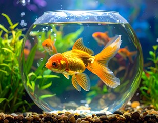 Graceful goldfish gliding in a tranquil aquarium ambiance with vibrant colors