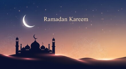 Eid Mubarak greeting card featuring a dark night sky landscape with a mosque silhouette, moon, and stars vector illustration