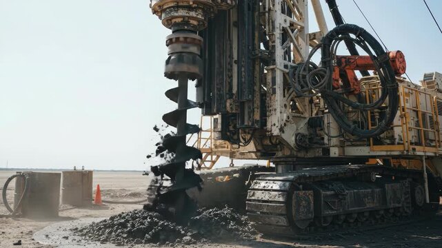 Heavy drilling rig machine with excavator track and auger at work, extracting soil and dirt on a clear day for construction.