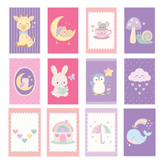 Pack of Home Decoration Print, Modern Nursery Wall Art, Kids Room Decor Printable, Pastel Baby Girl illustration, Playroom Poster ClipArt