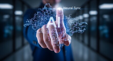 Man touching digital data visualization with futuristic technology in a modern office