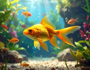 Graceful goldfish swimming in a vibrant freshwater aquarium environment with lush plants