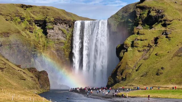 Smooth panoramic drone shot of Sk&oacute;gafoss waterfall surrounded by rolling hills and vibrant moss, with tourists visible near the base. Epic and cinematic natural setting.
