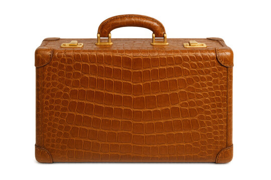 Brown leather briefcase with crocodile skin pattern, featuring gold clasps and handle, on a transparent background