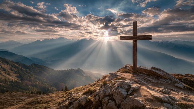 A wooden cross stands on a rocky outcrop in the mountains. Sun rays break through clouds and illuminate the valley below during sunset - Powered by Adobe