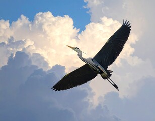 Grey heron soars gracefully through a sky filled with fluffy white clouds