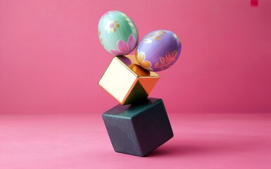 Easter egg balancing act on pink background with golden and blue cubes.