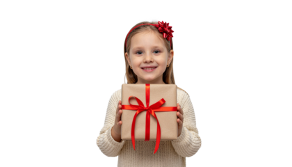 A joyful young girl, full of holiday spirit, proudly offers a beautifully wrapped Christmas gift box with a vibrant red ribbon, isolated on white.