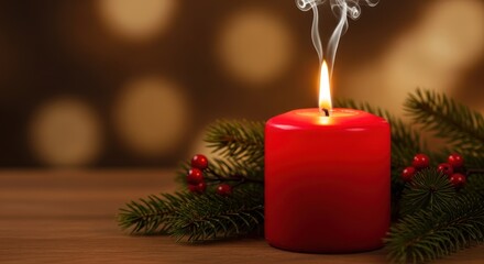 Red Christmas Candle with Smoke and Fir Branches on a Wooden Table.