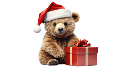 An adorable teddy bear wearing a festive Santa hat sits beside a beautifully wrapped red Christmas gift box, perfect for holiday celebrations.