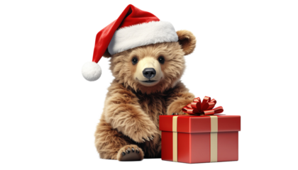 An adorable teddy bear wearing a festive Santa hat sits beside a beautifully wrapped red Christmas gift box, perfect for holiday celebrations.