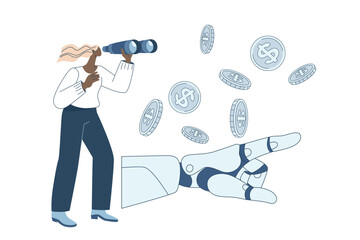Woman holding binoculars searching for investment, artificial intelligence investment analysis, Simple illustration, Flat vector design.