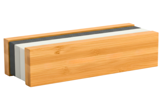 Rectangular wooden block displaying internal foam insulation layers isolated on a transparent background