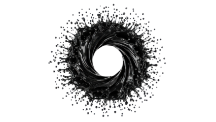 Black liquid vortex splash with droplets, abstract motion