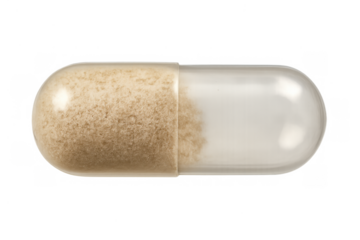 Transparent capsule showing supplement powder, representing health, medicine, treatment, and daily dosage