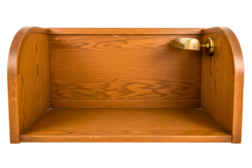 Wooden desktop shelf organizer with small brass reading lamp isolated on a transparent background