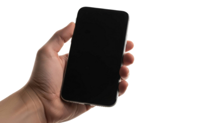 Hand holding blank screen smartphone on black background