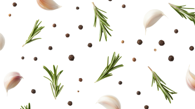 Rosemary garlic pattern with peppercorns isolated on a transparent background