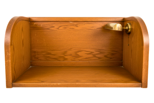 Wooden desktop shelf organizer with small brass reading lamp isolated on a transparent background