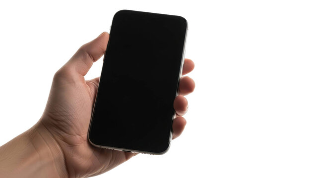 Hand holding blank screen smartphone on black background - Powered by Adobe