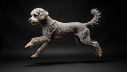 Playful dog leaps gracefully against dark background, showcasing its fluffy coat and energetic spirit
