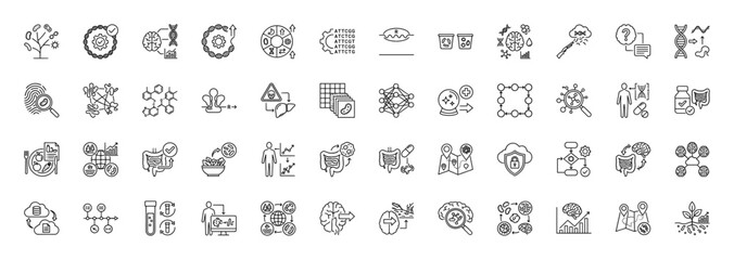 Genetics and microbiome line icon set. Vector pictograms of dna, bacteria, intestine, brain, molecule, probiotics, research, test tube, thin linear illustration.