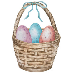 Easter flower festive traditional decor element set. Watercolor illustration. Colorful eggs, knots, spring garden flowersand basket. Easter decoration set for bouquets, wreaths, postcards, greetings.