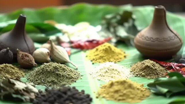 Spices assortment on banana leaf.