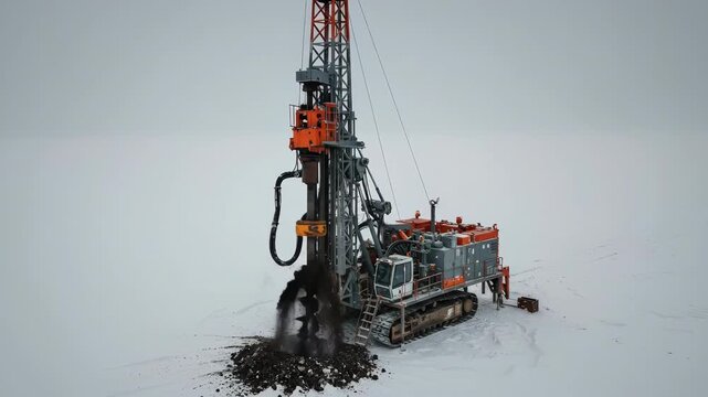 Heavy duty drilling rig machine operating on snowy terrain. Industrial bore drilling in cold winter environment. Geological survey and exploration.